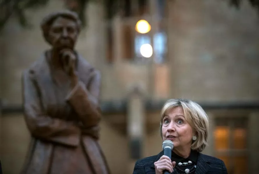 Hillary Clinton unveils a new statue of Eleanor Roosevelt outside the Bonavero Institute in Oxford on the 70th anniversary of the Universal Declaration of Human Rights (Victoria Jones/PA)