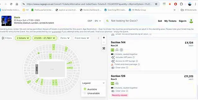 Screengrab taken from the Viagogo website of tickets for Oasis at Wembley Stadium