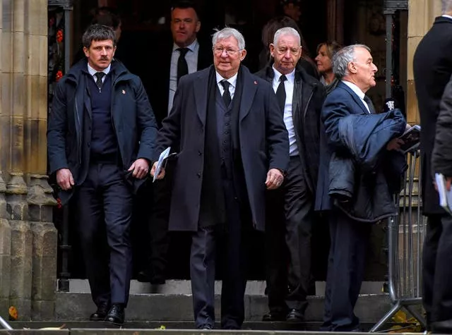Sir Alex Ferguson leaves Manchester Cathedral following the funeral service for Sir Bobby Charlton