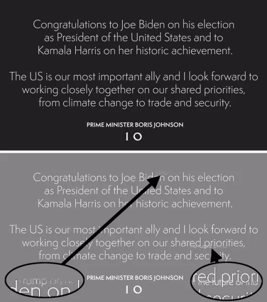 Screengrab from the official Twitter page of Prime Minister Boris Johnson of his original tweet (top) congratulating Joe Biden on his US election victory and an image optimised using Photoshop (below) showing underlying text 