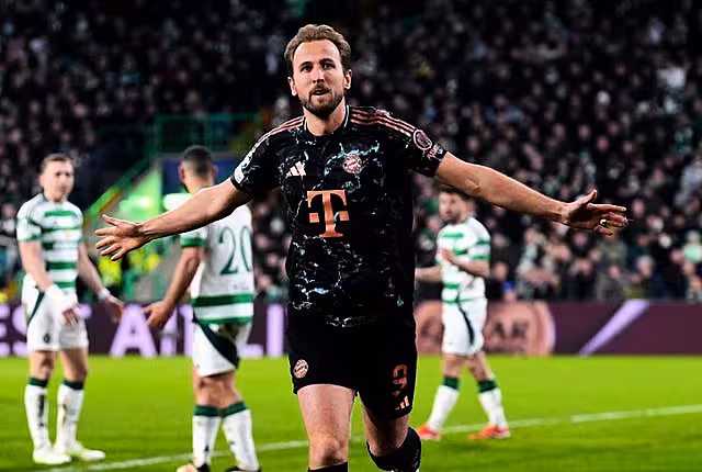 Harry Kane celebrates scoring a goal for Bayern Munich against Celtic