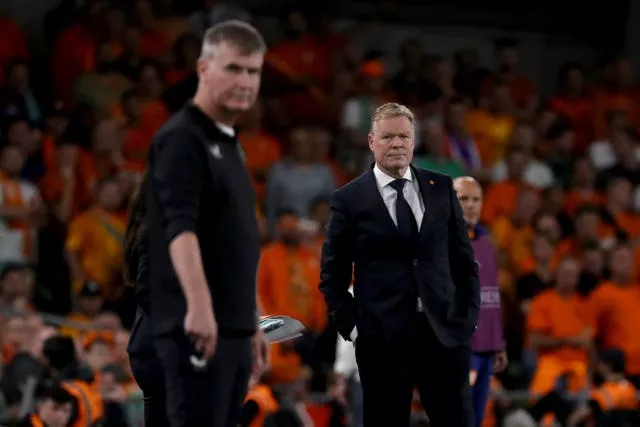 Netherlands manager Ronald Koeman, left, looks on during his team's win over the Republic of Ireland