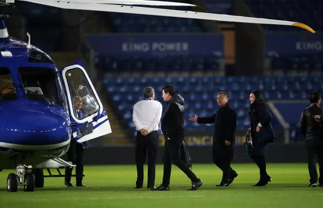 Leicester chairman Vichai Srivaddhanaprabha gets into his helicopter after a Premier League match against Liverpool in 2017