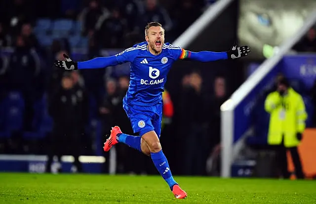 Leicester's Jamie Vardy celebrates after scoring against West Ham