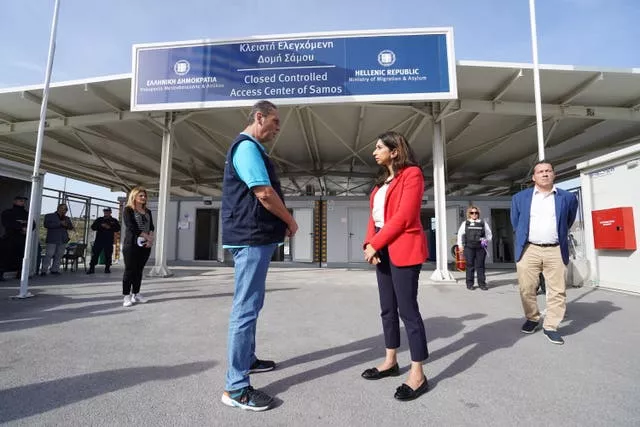 Home Secretary Suella Braverman outside a Closed Controlled Access Centre on the Greek island of Samos where she saw how asylum seekers were being housed and processed