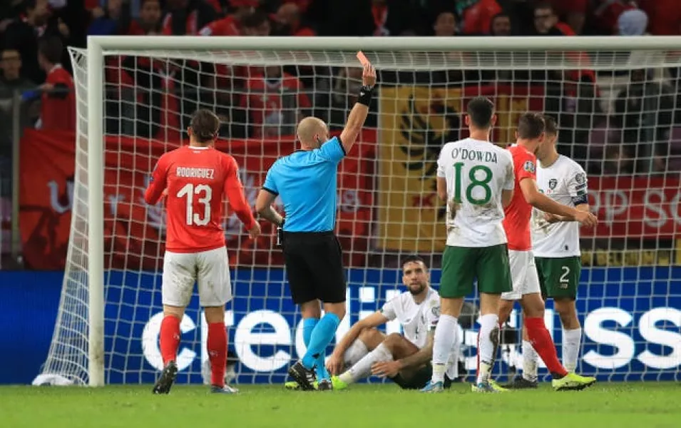 Republic of Ireland full-back Seamus Coleman (right) is sent off during the 2-0 Euro 2020 qualifier defeat in Switzerland