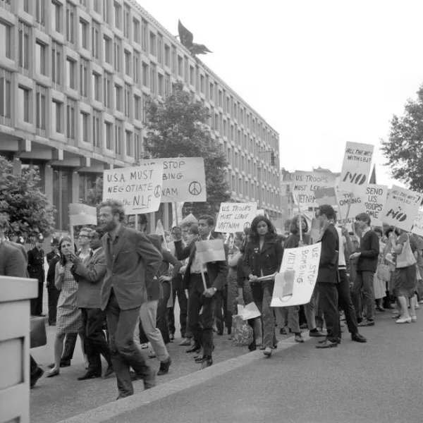 CND (Campaign For Nuclear Disarmament) pickets with red and blue flags and banner with slogans such as ‘US Troops must leave Vietnam’ marching past the American Embassy in Grosvenor Square, London (Archive/PA) 