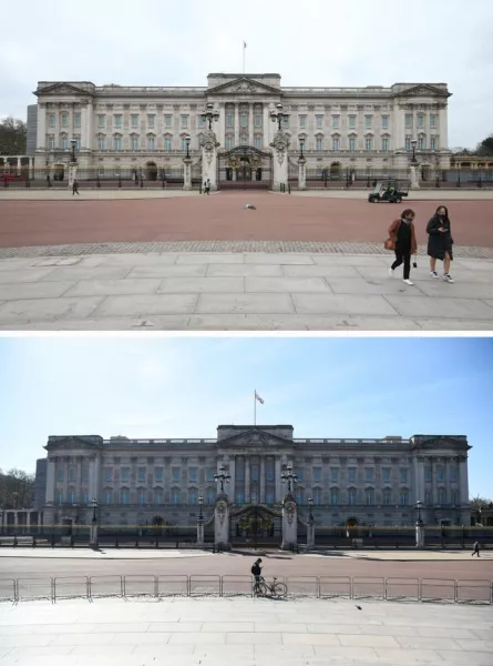Composite of photos of Buckingham Palace in London taken today (top) and the same view on 24/03/20 (bottom), the day after Prime Minister Boris Johnson put the UK in lockdown
