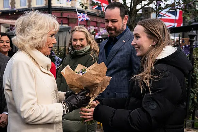 Camilla meeting Maddy Hill, Danny Dyer and Rose Ayling-Ellis on the set of EastEnders