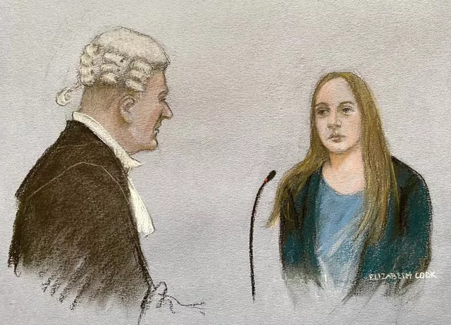 Court artist drawing by Elizabeth Cook of prosecutor Nick Johnson KC cross-examining Lucy Letby during her trial at Manchester Crown Court 