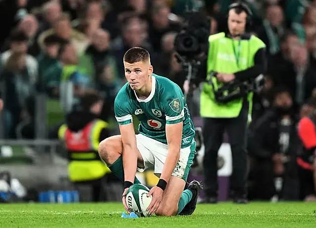 Sam Prendergast prepares to convert a try during Ireland's win over Fiji