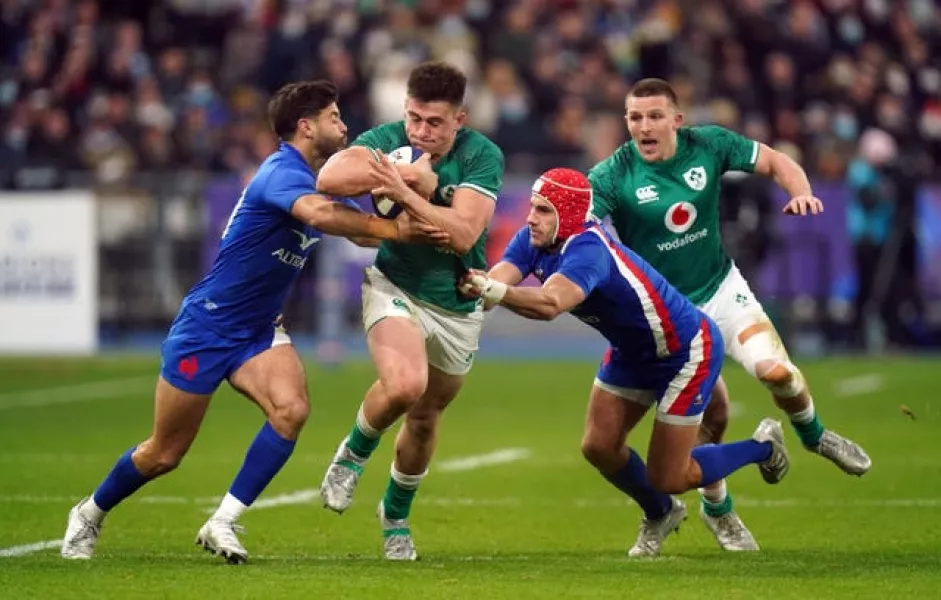 Dan Sheehan, with ball, was a first-half replacement in the defeat to France after Ronan Kelleher was forced off with a shoulder injury