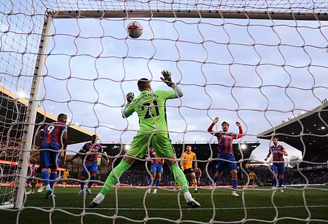 Crystal Palace’s Joachim Andersen, centre right, scores an early own goal