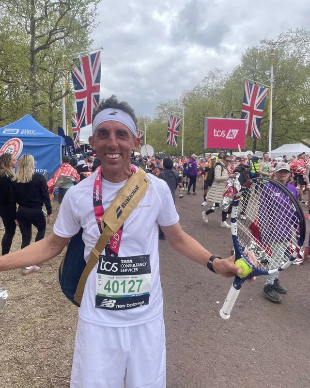 Sam Hull after finishing the TCS London Marathon dressed as a tennis player