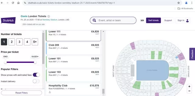 Screengrab taken from the StubHub website of tickets for the Oasis concert at Wembley Stadium, posted for sale on its site