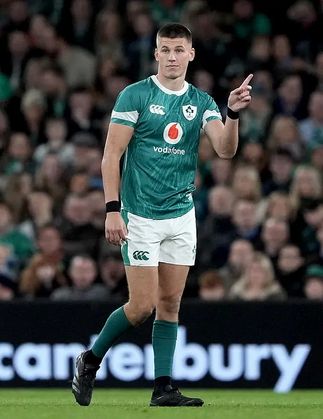 Sam Prendergast points during Ireland's game against Argentina