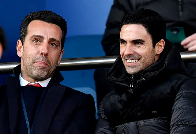 Arsenal manager Mikel Arteta (right) and technical director Edu in the stands during the Premier League match at Goodison Park, Liverpool