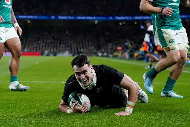 Will Jordan dives to score New Zealand’s try against Ireland at the Aviva Stadium