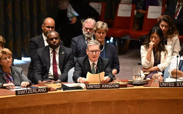 Sir Keir Starmer (front) addresses the UN Security Council during the 79th United Nations General Assembly in New York. Behind him: Foreign Secretary David Lammy