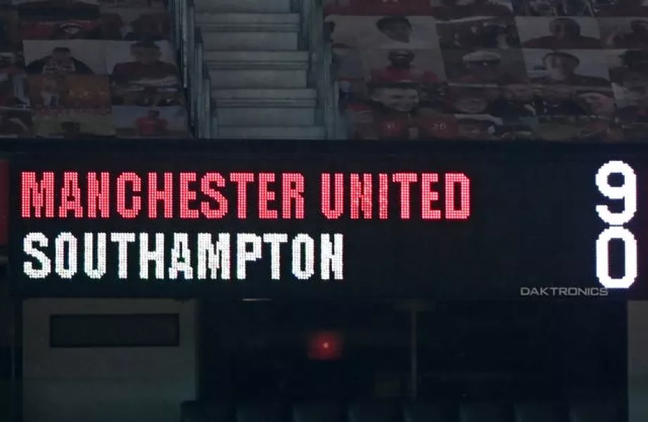 The scoreboard showing the final score at Old Trafford in February