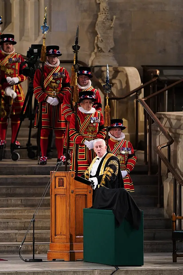 Speaker of the House of Commons Sir Lindsay Hoyle expresses condolences on behalf of members of the House of Commons to King Charles III and the Queen Consort at Westminster Hall, London, where both Houses of Parliament are meeting to express their condolences following the death of Queen Elizabeth II 