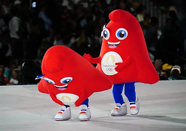 Olympic mascots leap-frog each other in Paris