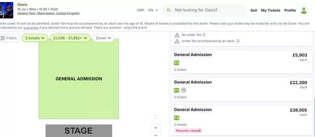 Screengrab from the Viagogo website showing tickets for the concert at Heaton Park