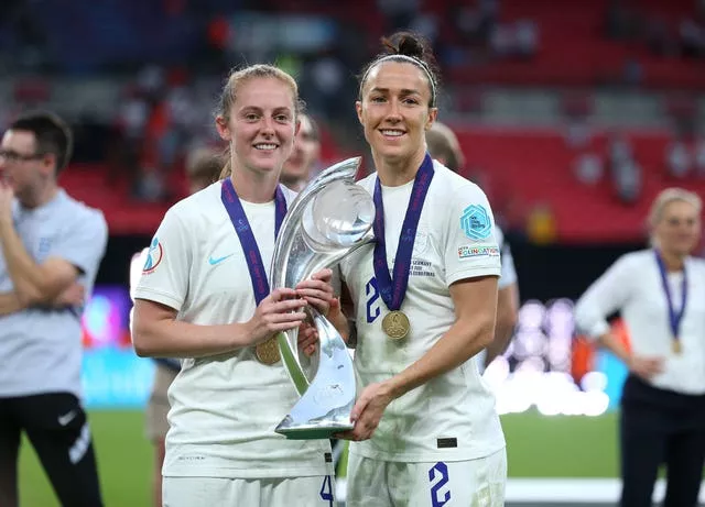 England’s Keira Walsh (left) and Lucy Bronze celebrate victory over Germany in the Euro 2022 final