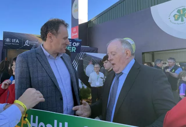 Minister for Agriculture Charlie McConalogue speaks to IFA president Francie Gorman at the Ploughing Championships