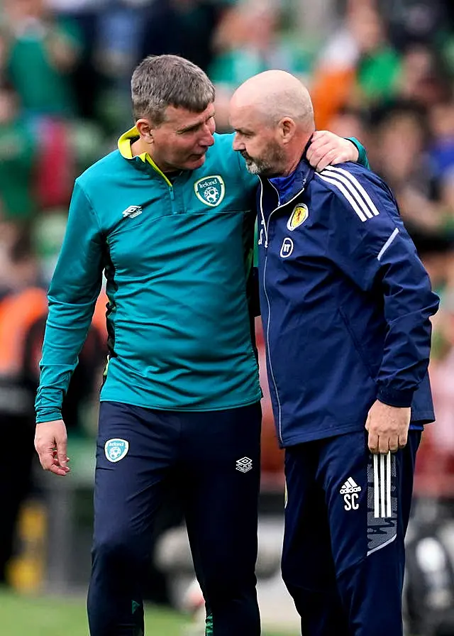 Republic of Ireland manager Stephen Kenny and Scotland counterpart Steve Clarke embrace after the game at the Aviva Stadium