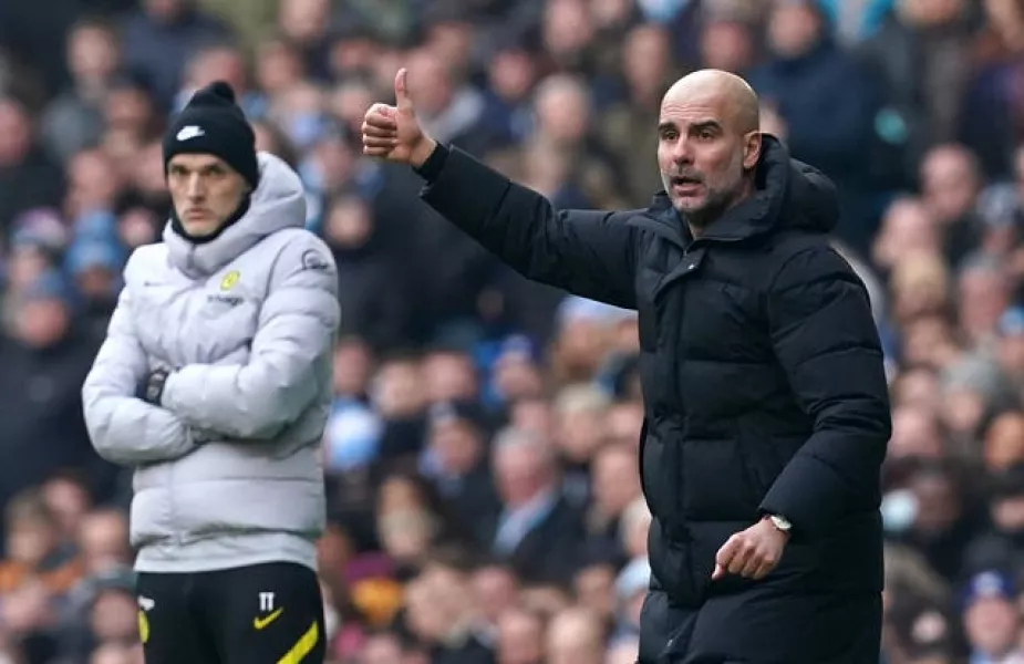 Chelsea boss Thomas Tuchel, left, watches on alongside City counterpart Pep Guardiola