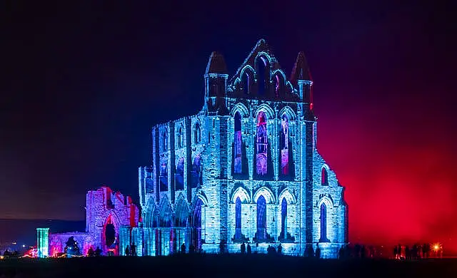 Lights illuminate the ruins of Whitby Abbey in North Yorkshire to mark Halloween