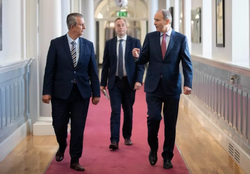 Taoiseach Micheal Martin (right) meeting with DUP Leader Edwin Poots (left) and DUP MLA Paul Given at Government Buildings, Dublin