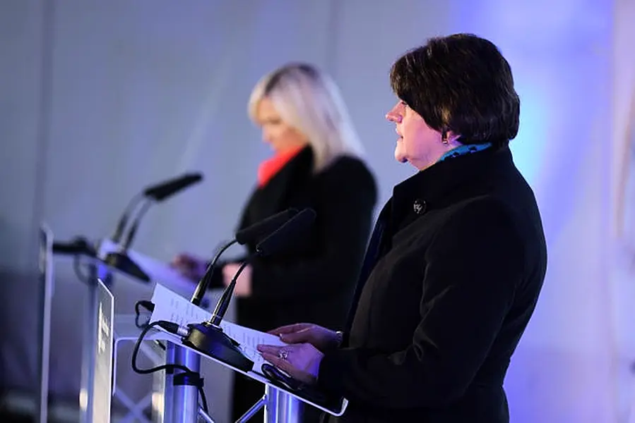 First Minister Arlene Foster and Deputy First Minister Michelle O’Neill during a media briefing at The Hill of O’Neill centre in Dungannon, Co Tyrone 