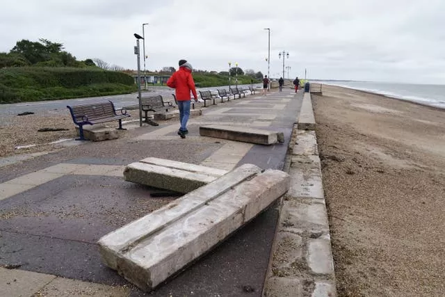 Concrete slabs displaced at Eastney Esplanade in Southsea, Portsmouth