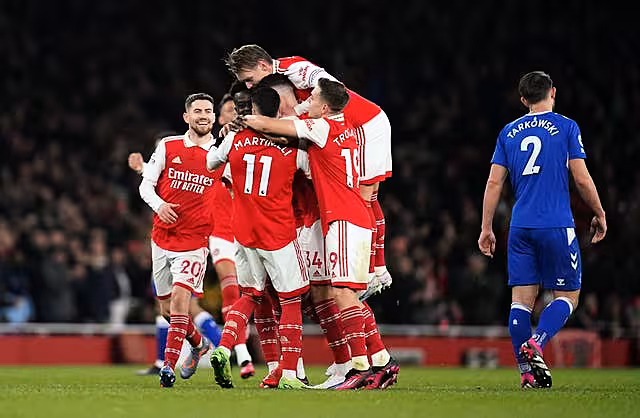 Arsenal celebrate Gabriel Martinelli's strike before half-time