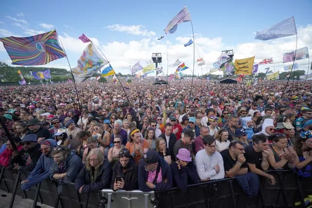 The crowd listens to climate activist Greta Thunberg speaking on the Pyramid Stage during the Glastonbury Festival at Worthy Farm in Somerset