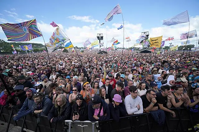 The crowd listens to climate activist Greta Thunberg speaking on the Pyramid Stage during the Glastonbury Festival at Worthy Farm in Somerset