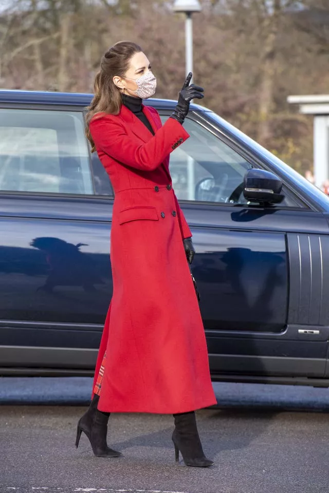 The Duchess of Cambridge greeting local people outside during a visit to Cleeve Court Care Home in Twerton, Bath, where she and the Duke of Cambridge spoke to staff about their experiences of providing care and helping residents to stay connected to their loved ones throughout the pandemic