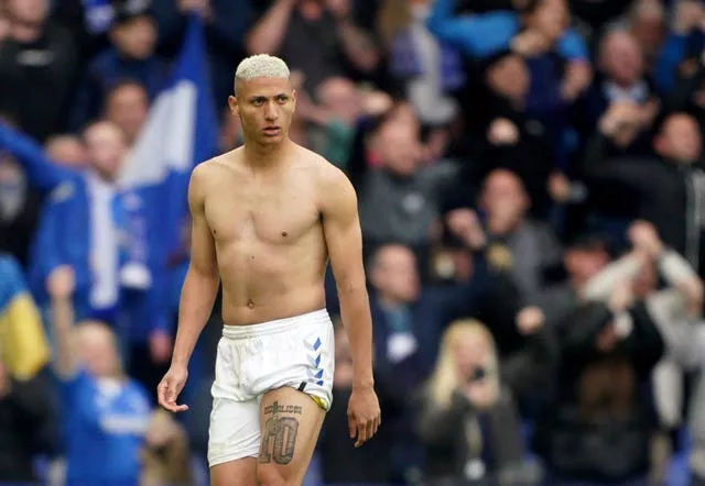 Everton’s Richarlison at full time after the Premier League match at Goodison Park, Liverpool