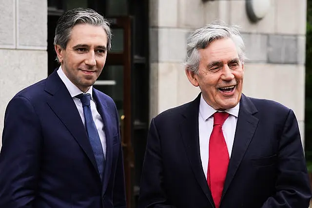 Simon Harris with former UK prime minister Gordon Brown at the inaugural Child Poverty and Well-being Summit in Dublin on Thursday (Brian Lawless/PA) Child Poverty and Well-being Summit