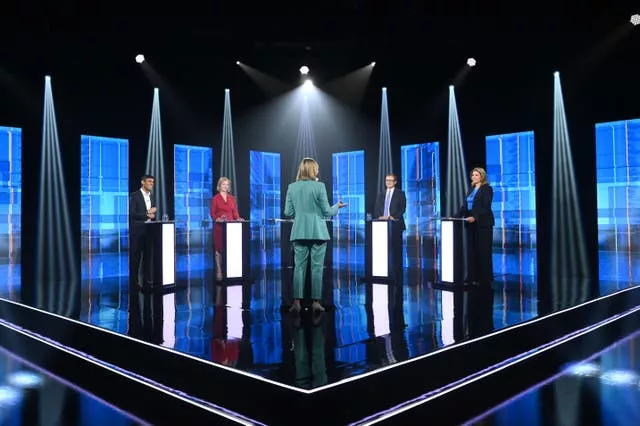 Rishi Sunak, Liz Truss, Tom Tugendhat and Penny Mordaunt taking part in Britain’s Next Prime Minister: The ITV Debate, a head-to-head debate between Conservative party leadership candidates