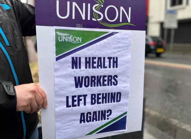Public sector workers from unions including Unison, Nipsa and Unite protesting outside the Northern Ireland Office at Erskine House in Belfast, threatening strike in September if demands on pay are not met