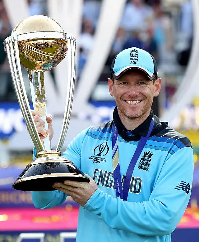 Eoin Morgan celebrates England's World Cup final victory