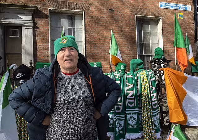 Merchandise seller Willie Egan at the St Patrick’s Day Parade in Dublin 