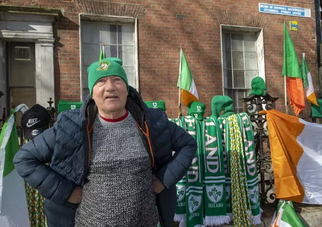 Merchandise seller Willie Egan at the St Patrick’s Day Parade in Dublin 