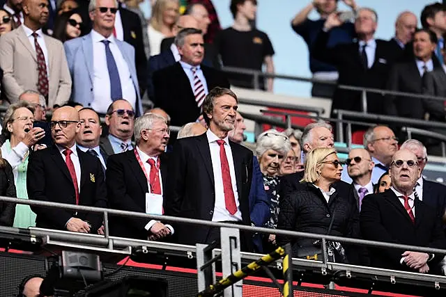 Sir Dave Brailsford, Sir Alex Ferguson, Sir Jim Ratcliffe and Avram Glazer during the FA Cup final earlier this year