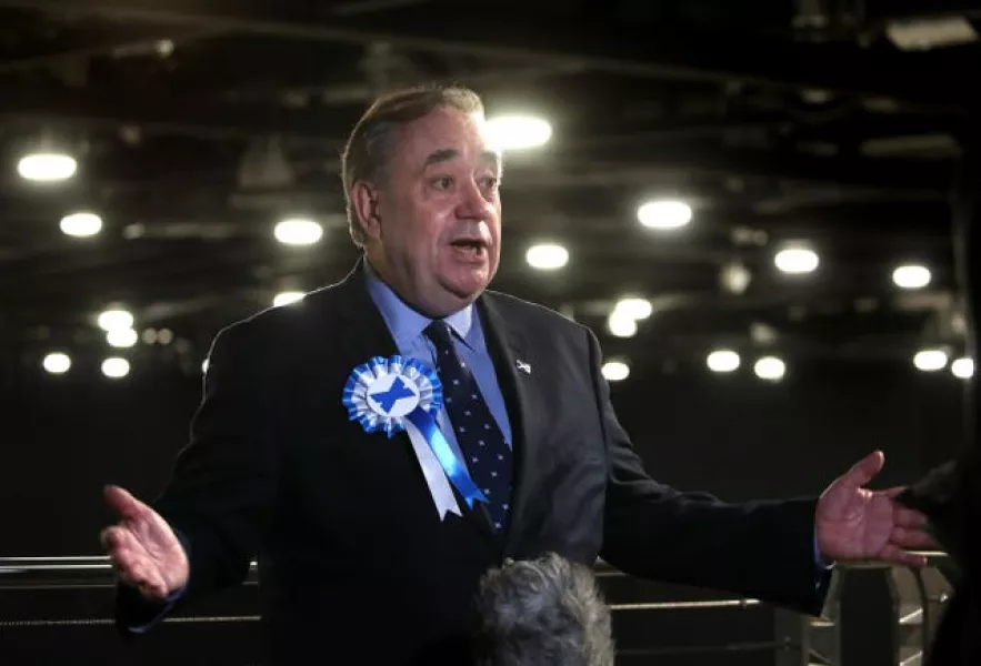 Alba Party leader Alex Salmond talks to the media as votes are being counted for the Scottish Parliamentary elections in Aberdeen
