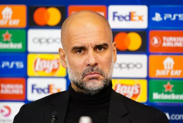 Manchester City manager Pep Guardiola during a press conference at the Parken Stadium nchester City Press Conference – Parken Stadium – Monday 12th February