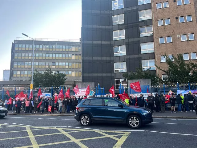 Members of the Unison, Unite, and Nipsa, as well as groups representing physiotherapists and radiographers, on the picket line outside the Royal Victoria Hospital, Belfast, amid their pay dispute with Health and Social Care Northern Ireland in September 2023